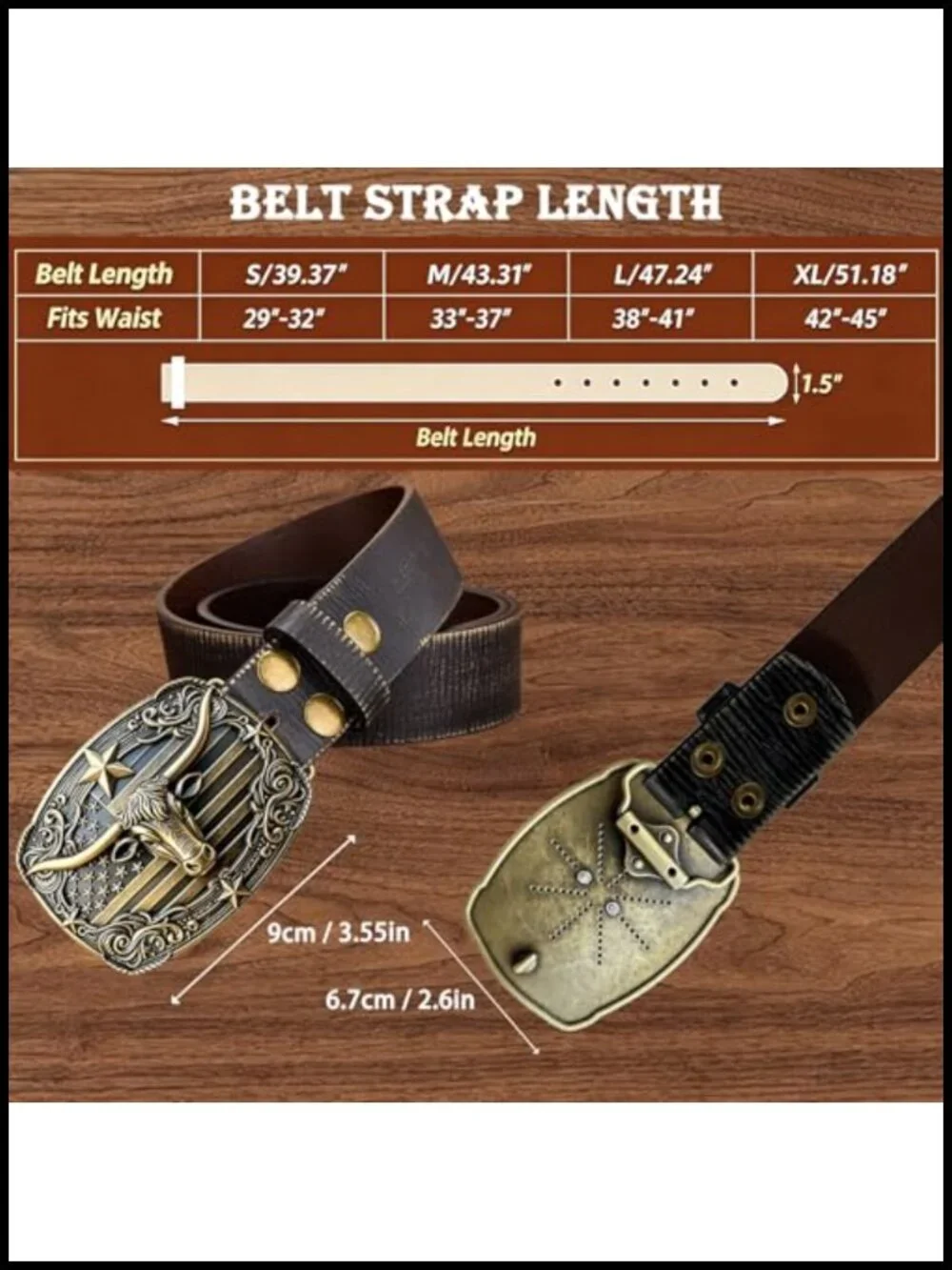 Vintage Western Leather Belt with Bronze Longhorn Buckle, Rodeo Cowboy Gift